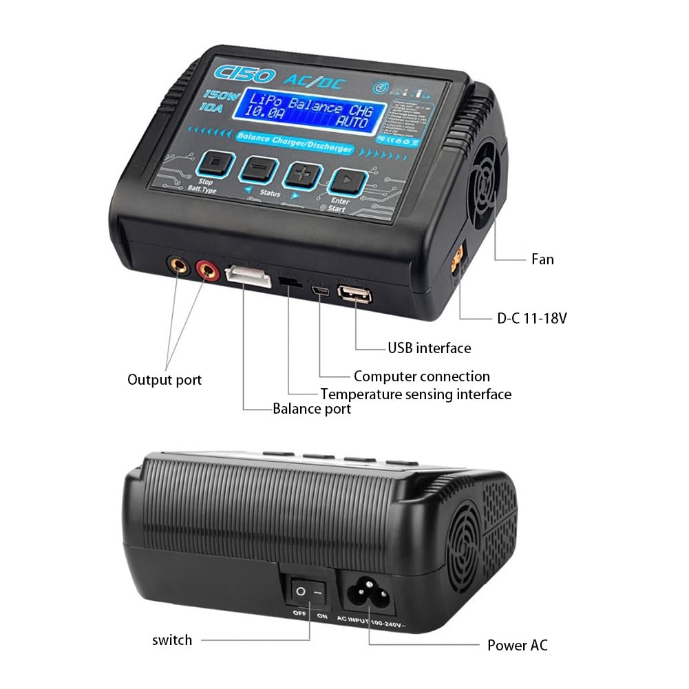 Taoke RC Hobby Lipo Balance Charger Cargador de descarga de batería AC/DC 150W 10A 1-6S Compatible con baterías inteligentes NiCd Li-ION Life NiMH LiHV PB