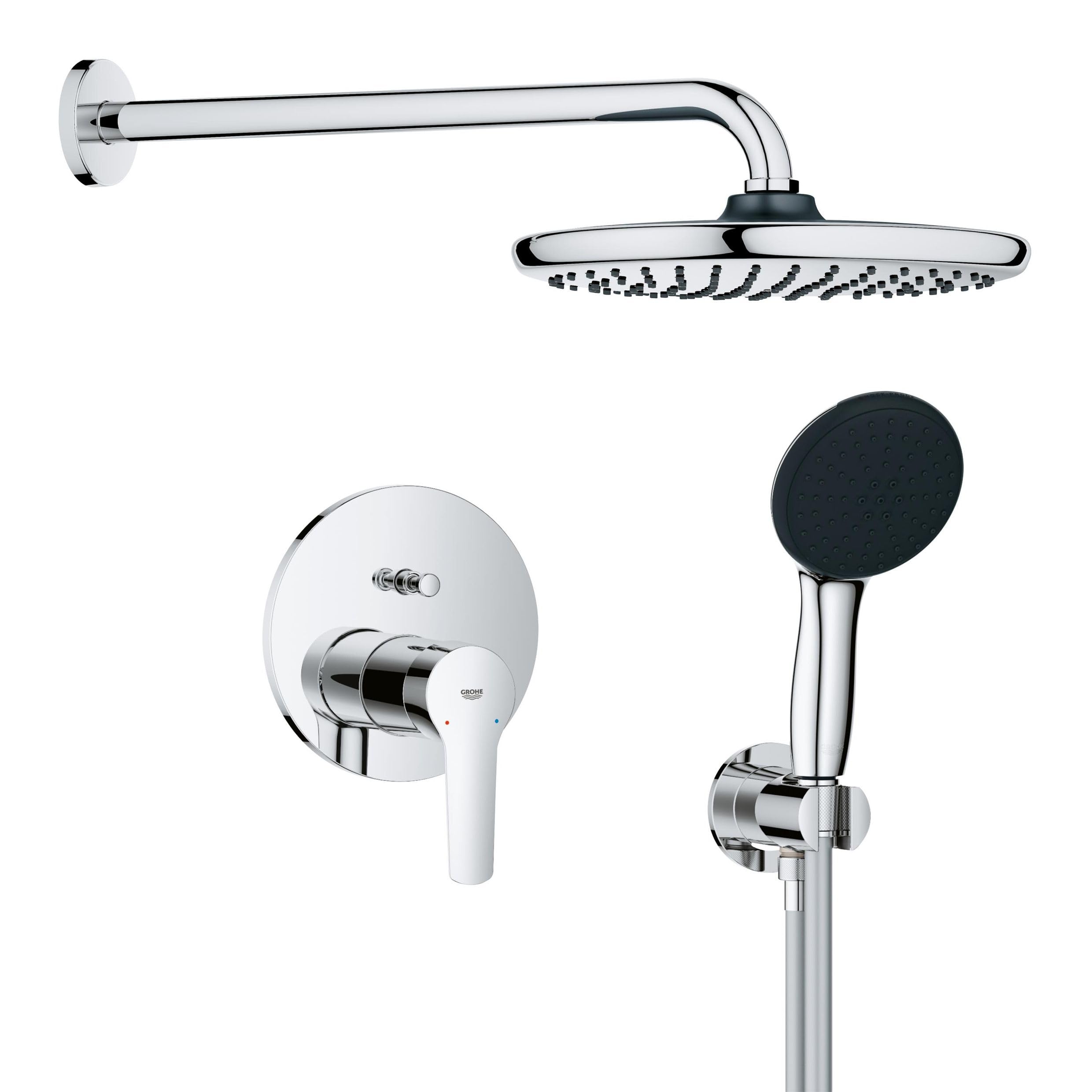 GROHE Start 250, Unterputz Duschsystem (25cm Regendusche mit Mischbatterie, Kopfbrause 1 Strahlart, Duschkopf 2 Strahlarten, Komplettset mit 1,50m Duschschlauch und Wandanschluss) rund, chom, 25292000