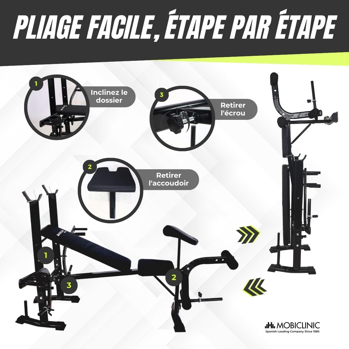Mobiclinic® fitness, Banc de musculation, Multifonctionnel, Pressfit, Ajustable, Pliable, Acier, Supporte jusqu'à 250 kg, Support pour barres, Idéal les exercices force à la maison
