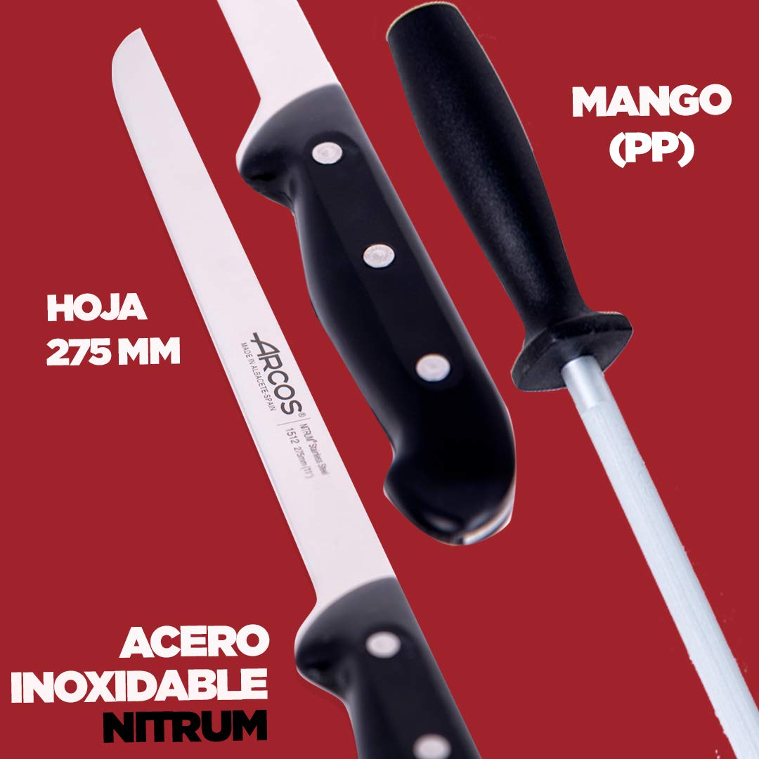 Arcos jamonero Profesional | Cuchillo jamonero jamonero Inoxidable Nitrum | Mango Negro | Cuchillo Jamon iberico | Serie Maitre| Hoja Flexible y Filo Liso | 275 mm | Acero Inoxidable NITRUM