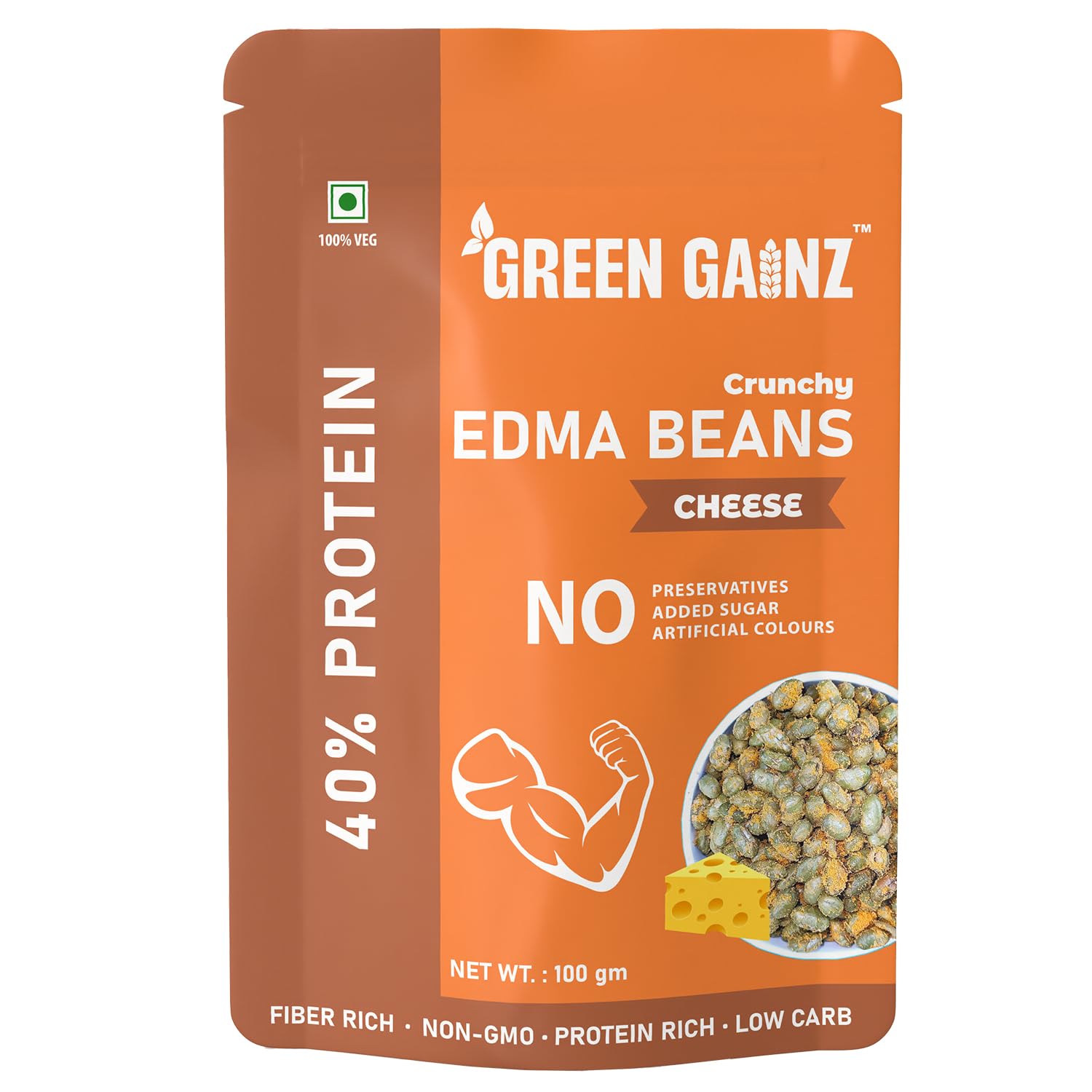 Green Gainz Roasted Edamame Cheese Flavour 100gm | 100% Veg High Protein Snack | No Added Sugar | Non-GMO | Rich in Fiber | No Gluten