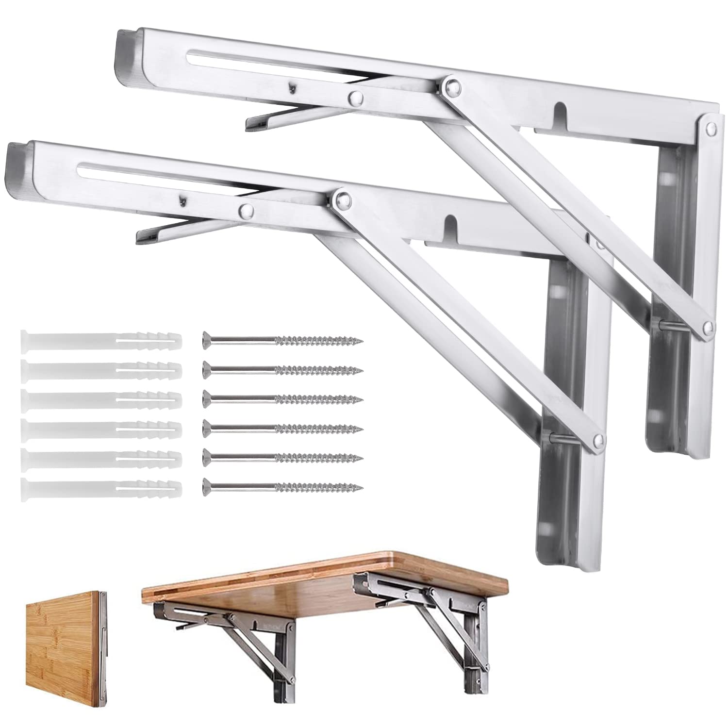 Photo 1 of 12'' Folding Shelf Brackets, Heavy Duty Stainless Steel Collapsible Shelf Bracket Max Load: 350lb, DIY Wall Mounted Shelf Bracket Space Saving for Table Work Bench (Pack of 2)