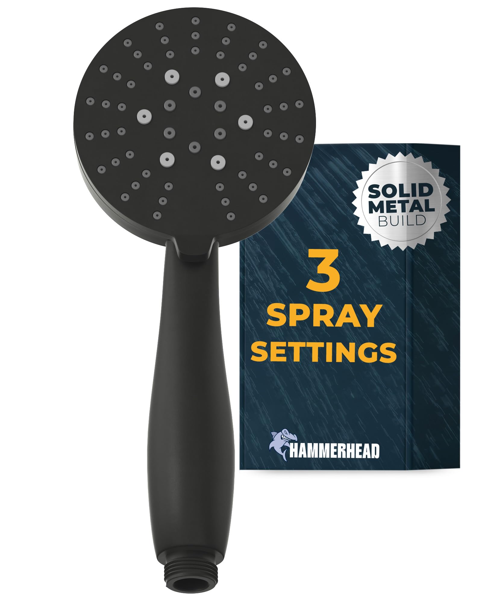 Hammerhead Showers Black Hammerhead Showers® Solid Metal 3-Spray Hand Held Shower Head, Matte | Select From Wide, Massage, And Mist Sprays | 2.5 Gpm High Flow Handheld Showerhead | Made From 304 Stainless Steel