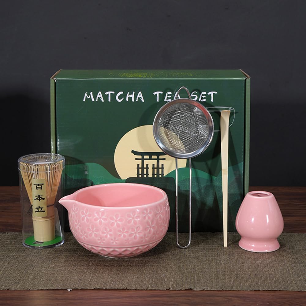Matcha Kit Completo Matcha Set per Cerimonia Giapponese con Frusta in Bambù Set di Tè Matcha in Ceramica Chasen Supporto per Frullino Cucchiaio Ciotola per Matcha Regalo ad Amici o Colleghi (Rosa)