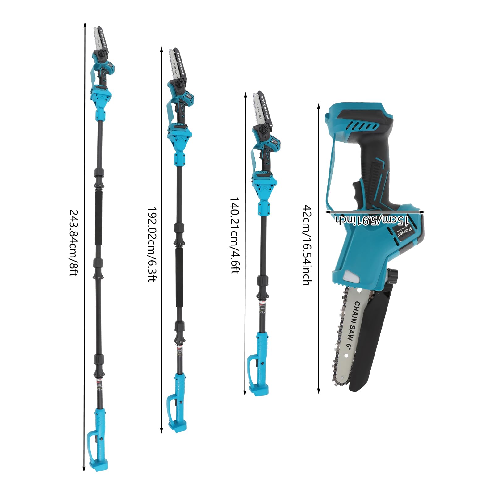 Potatore elettrico a batteria da 18 V, manico telescopico con piastre guida intercambiabili da 15,2 cm e 20,3 cm e seghetto elettrico abbinato, per potatura di alberi, potatura e cura del giardino