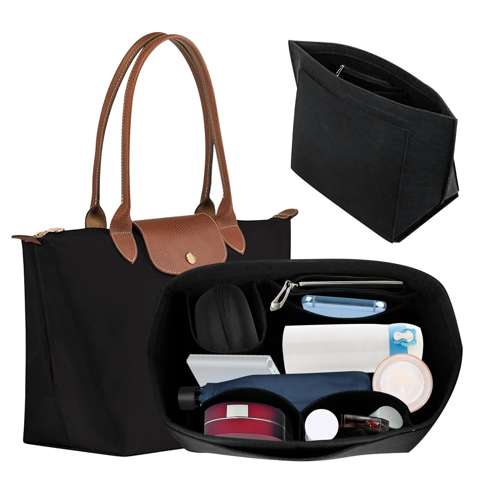 Organisateur de Longchamp Sac à Manches Longues, Organiseur de Sacs à Main Pour Femmes, Organiseur de sac à Main en Feutre, pour les Sacs à Main et de Transport (Noir, L)
