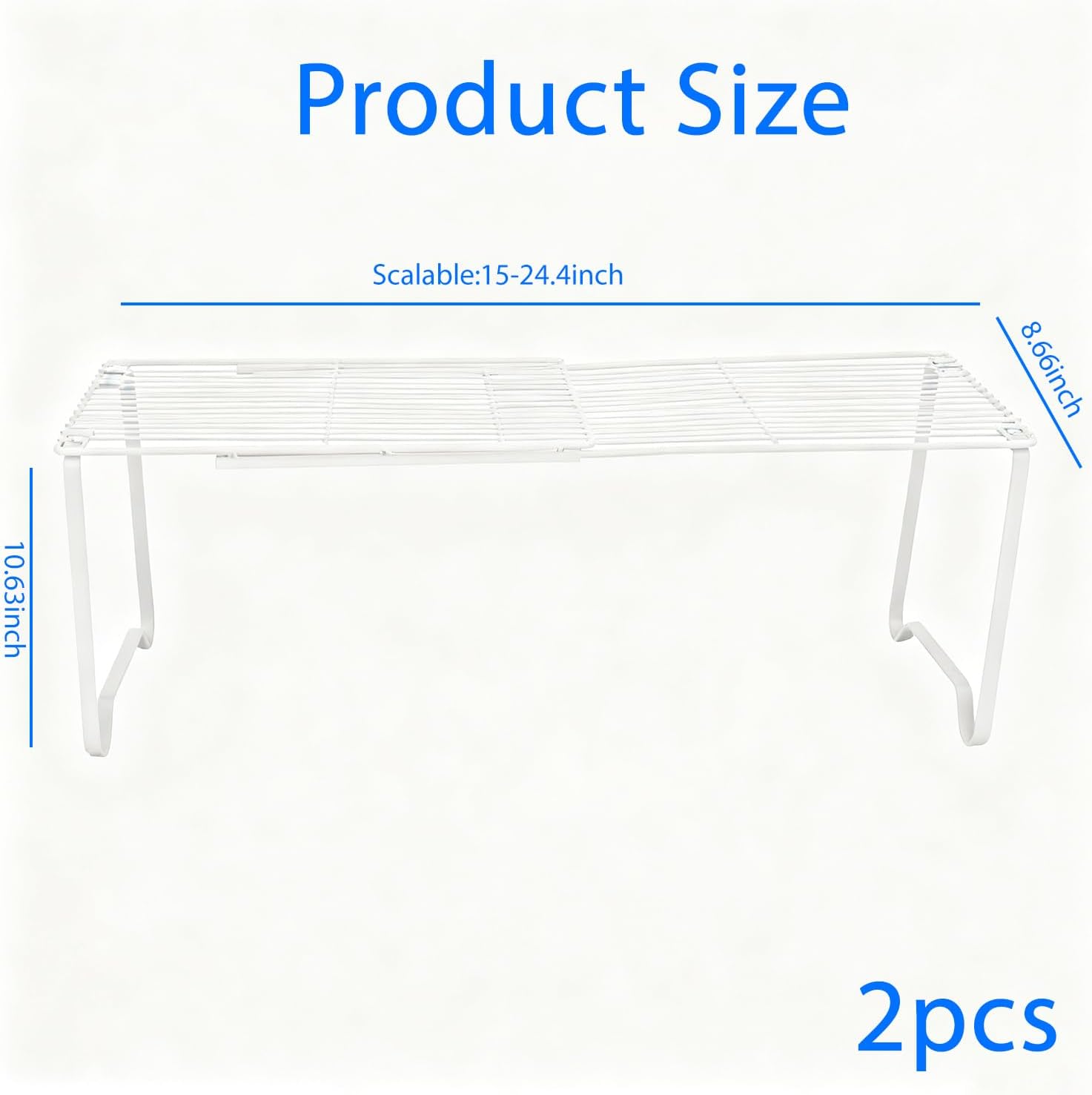 Extendable Metal Wire Shelf Organizer - Adjustable 15-24.4in Length, Stackable Storage Rack for Kitchen, Pantry, Bathroom, Shoe Cabinet & Tool Closet (2 Pack, White)