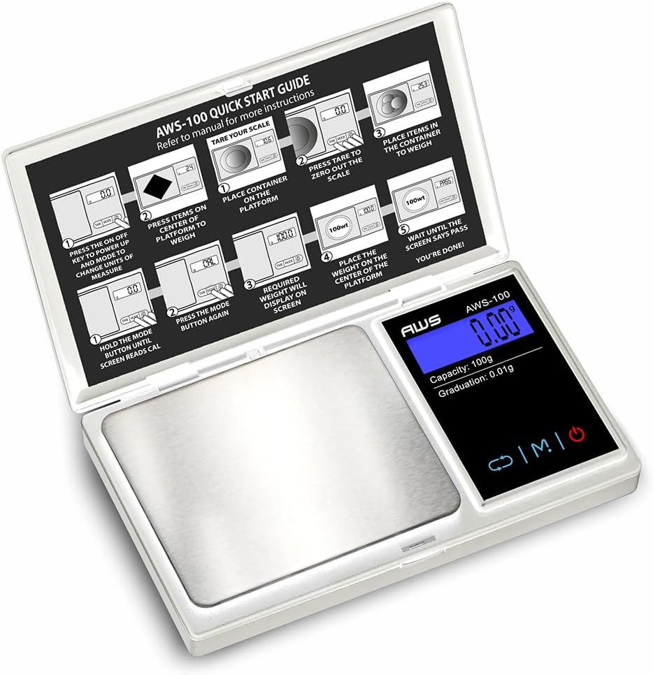Series Digital Pocket Weight Scale Backlit LCD Stainless-Steel Surface 100g x 0.01g, (Silver), AWS-100-SIL