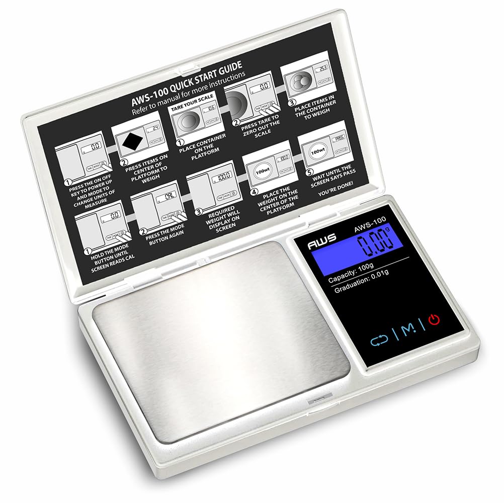 American Weigh Scales Series Digital Pocket Weight Scale Backlit LCD Stainless-Steel Surface 100g x 0.01g, (Silver), AWS-100-SIL