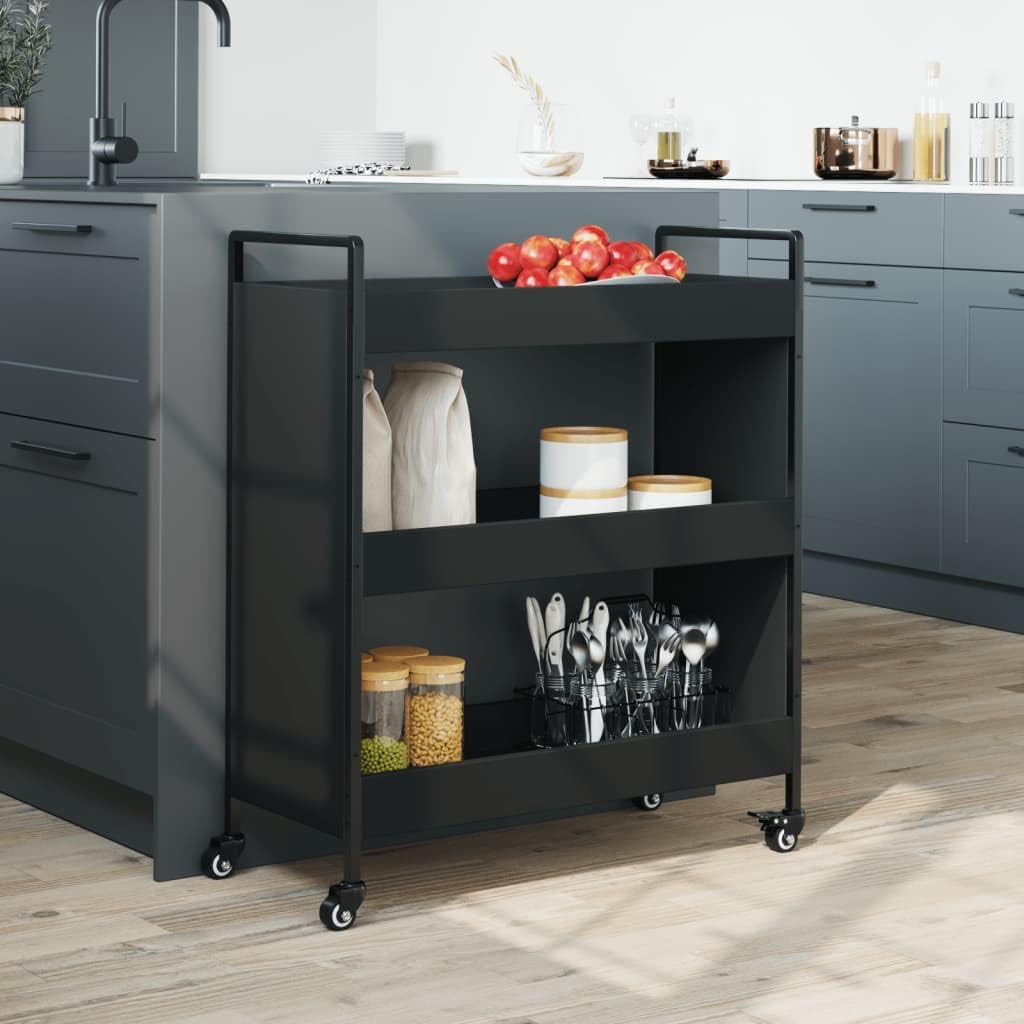 Kitchen Trolley Black Engineered Wood with Steel Frame 27.6"x11.8"x32.3" Rolling Kitchen Cart with Wheels for Storage and Mobility in Dining and Kitchen Spaces