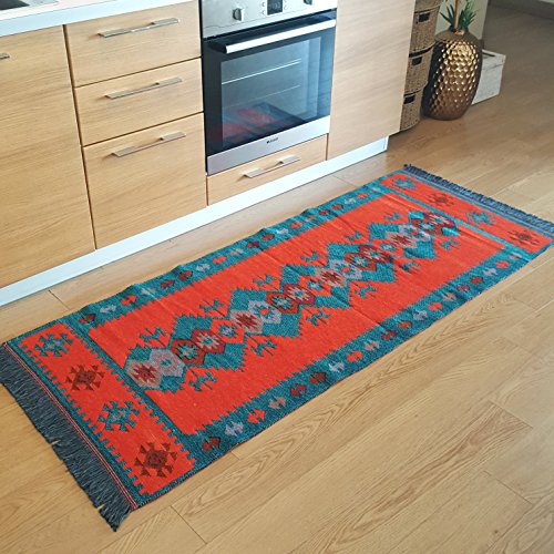 Black Friday - 80% OFF Secret Sea Collection Modern Bohemian Style Area Rug & Runner, 2.6' x 6' ft, (30'' x 71''), Cotton, Washable, Reversible (Turquoise-Orange)
