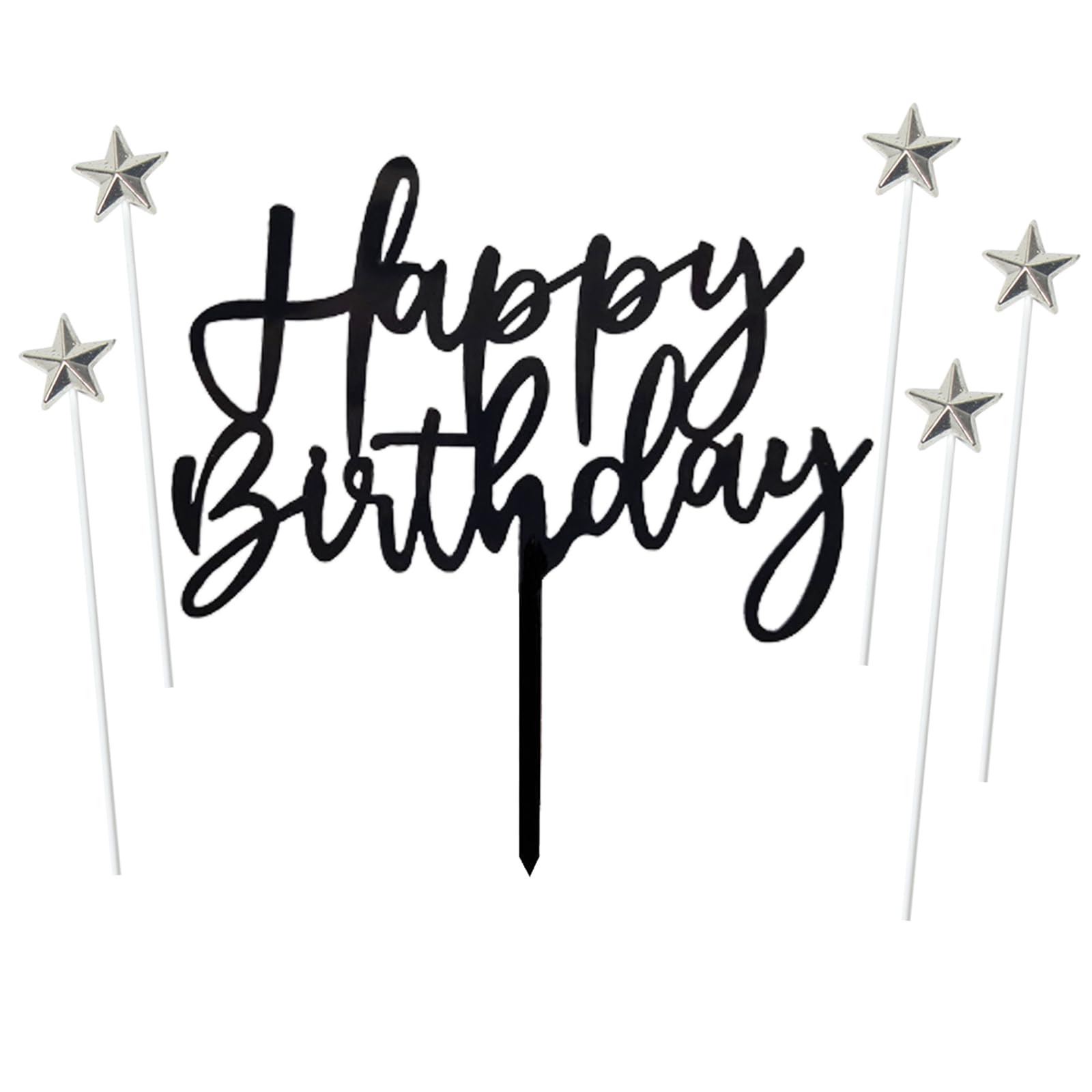 ZHENGYE Set of 1 Black Acrylic Happy birthday Cake Topper And 5 pcs silvery Star Cupcake Topper Cake Decoration Supplies for Baby Shower Birthday