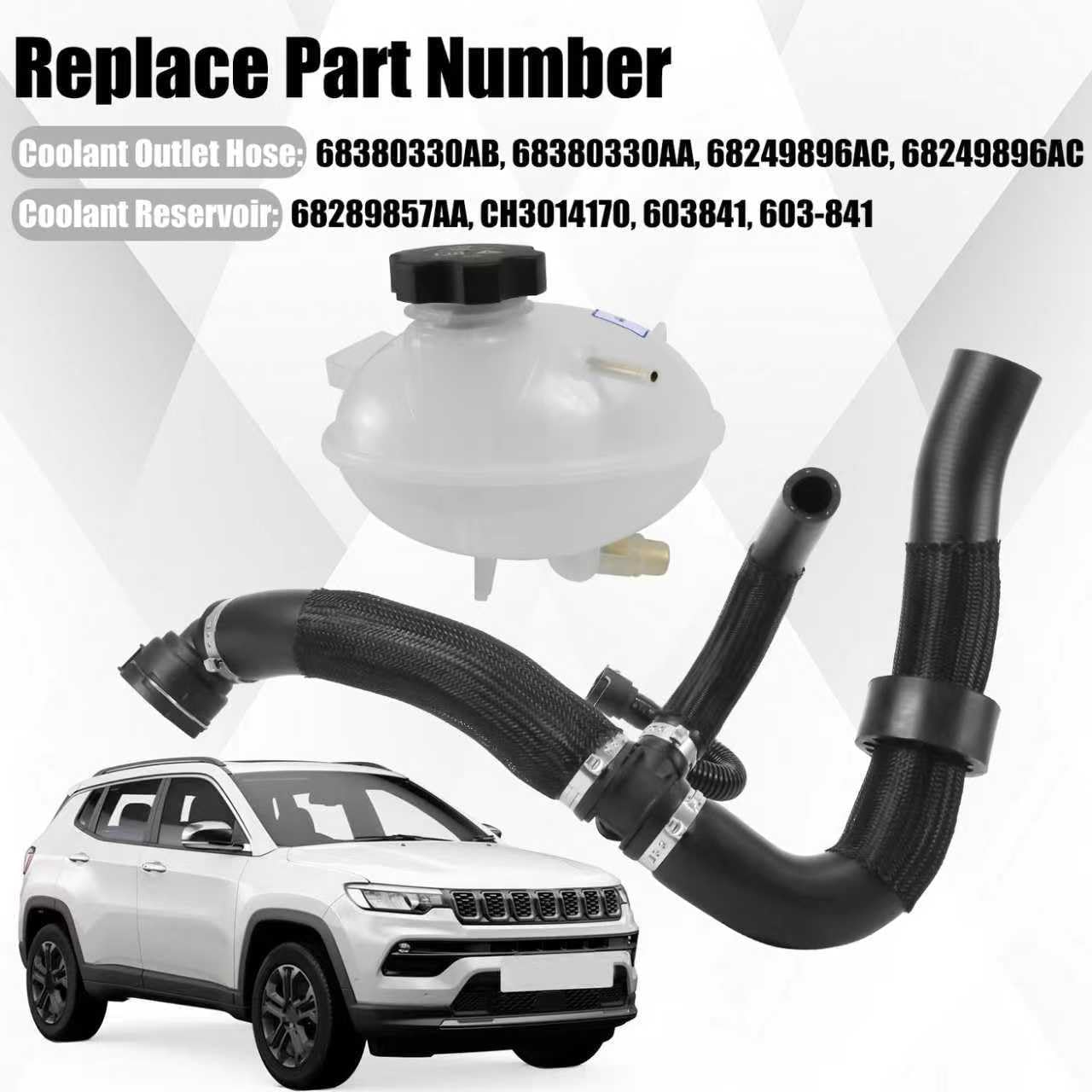 Engine Radiator Coolant Reservoir Expansion Tank and Coolant Outlet Hose Compatible with Jeep Renegade 2015-2021 Compass 2017-2022 2.4L Replaces 68380330AB 68380330AA 68249896AC 603841 603-841