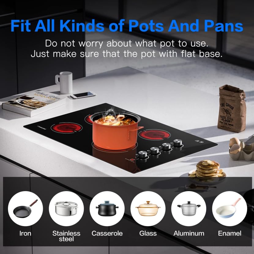 AMZCHEF 30 Inch Electric Cooktop, Built-in with 4 Burners Max 7000W with ETL Safety Certified, 30" Glass Ceramic Cook Top,Knob control, Hot Surface Indicator,220V - 240V Hard Wire, No Plug