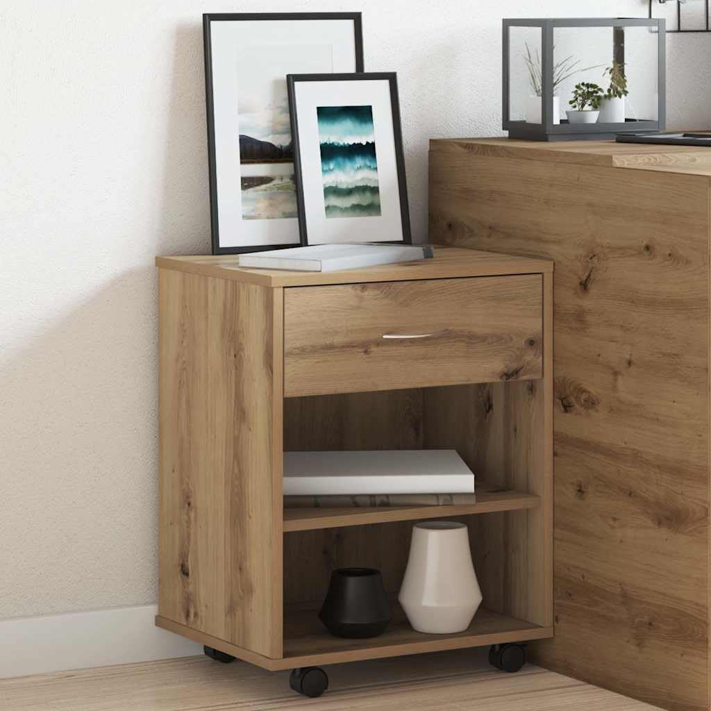 Contenedor con ruedas de madera de roble Artisan, 46 x 36 x 59 cm, con cajón y espacio de almacenamiento, armario de almacenamiento móvil con ruedas para oficina, salón, cocina y taller
