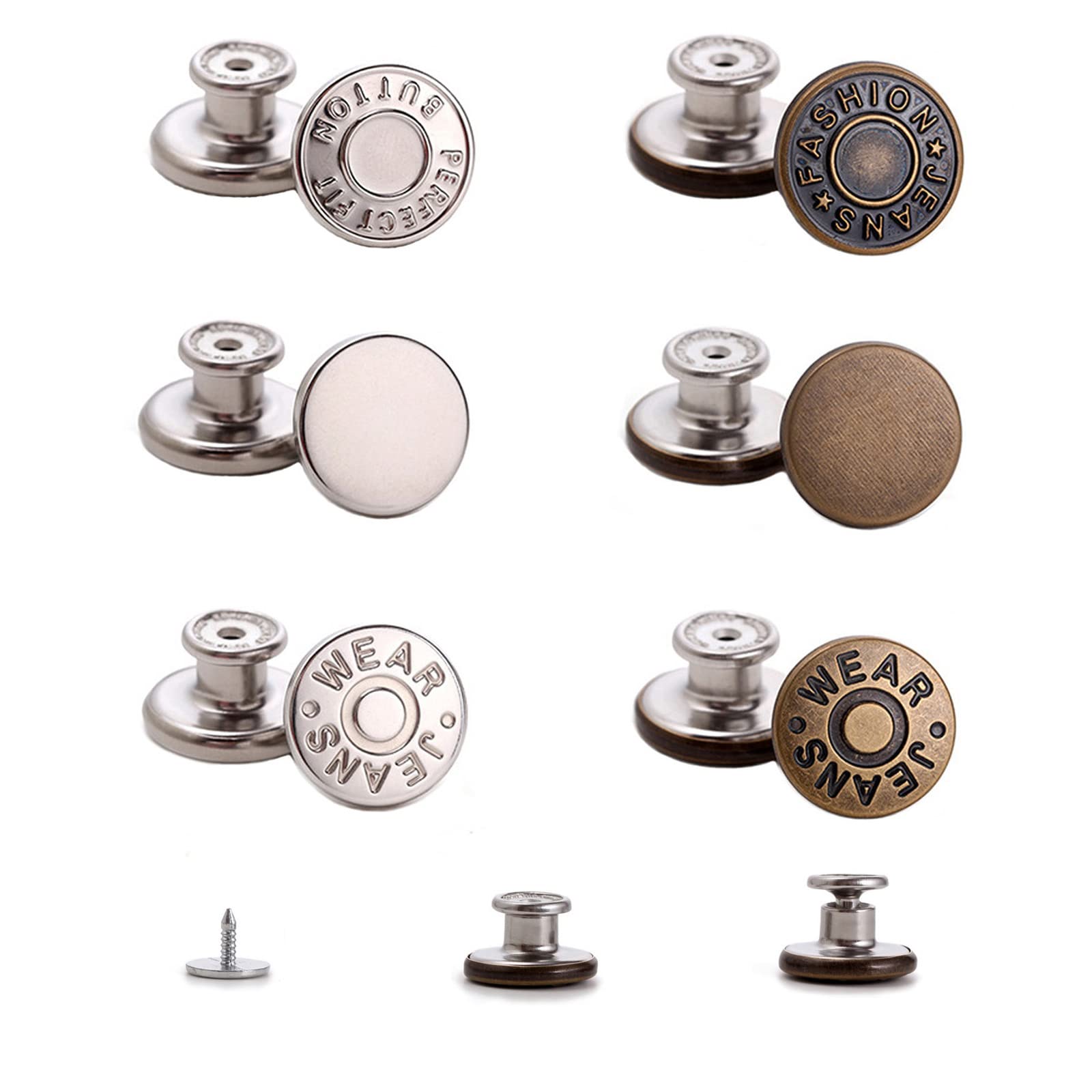 GIYOMI Latest Upgraded 17mm Perfect Fit Instant Button, 6 Sets Hand Push Button pins for Jeans, Instant Reduce Too Big Pants Waist, Flat Back There Will be no Prominent Part (Silver+Bronze G)
