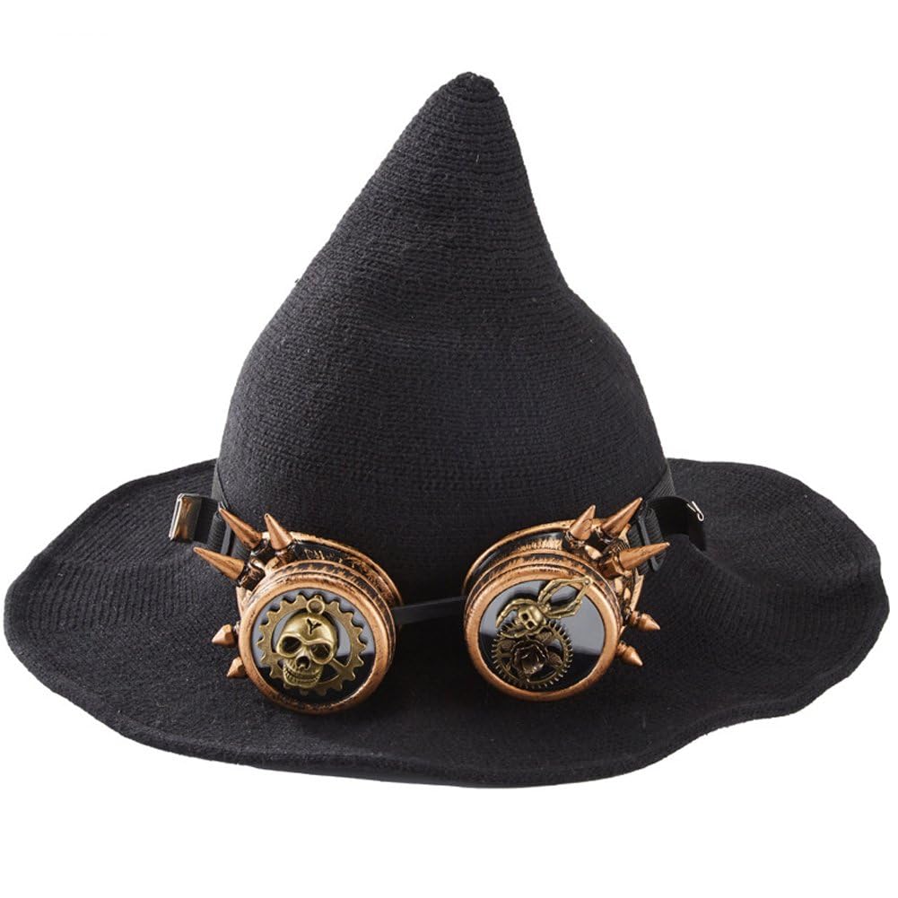 Sslvya Steampunk Witch Hat with Goggles Gothic Wizard Hat Halloween Masquerade Cosplay Costume Accessory