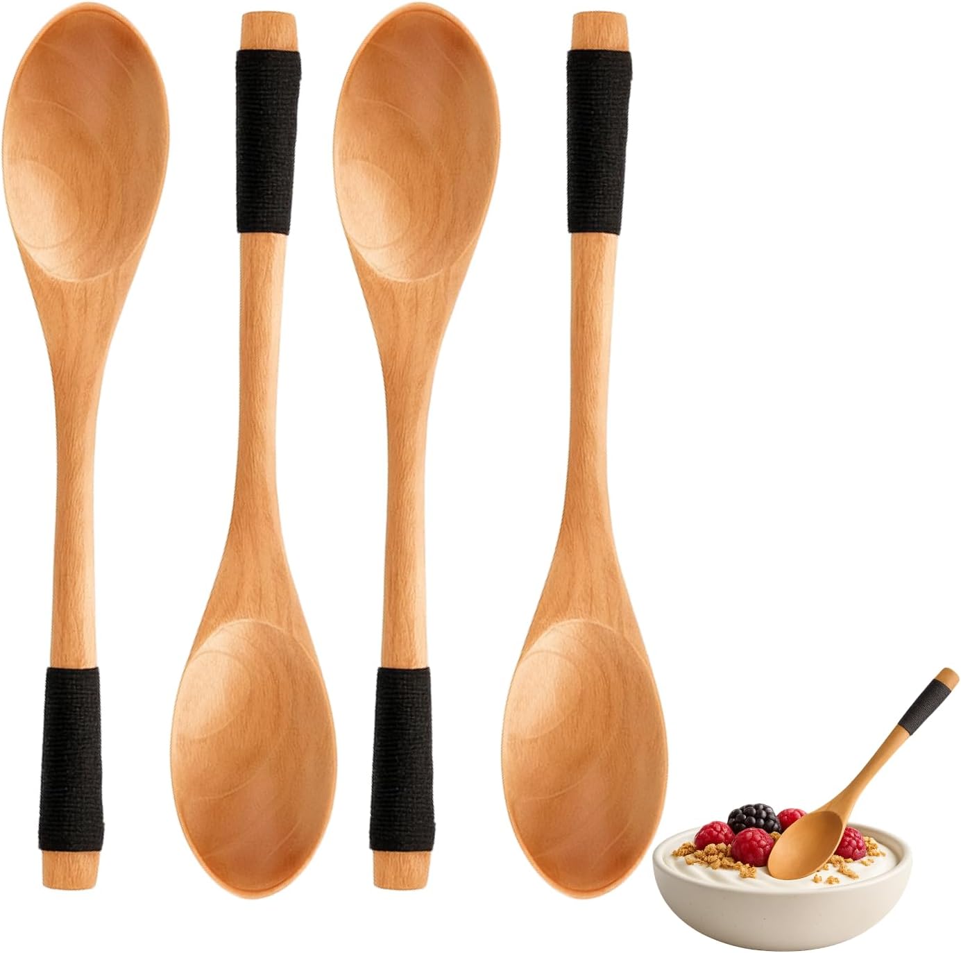 JapanBargain Japanese Style Wooden Spoons, Set of 4, 7-3/4 Inch Cherry Wood Dessert & Dinner Spoons, Reusable Lightweight Utensils with Wrapped Handle for Yogurt Ice Cream Coffee Snacks