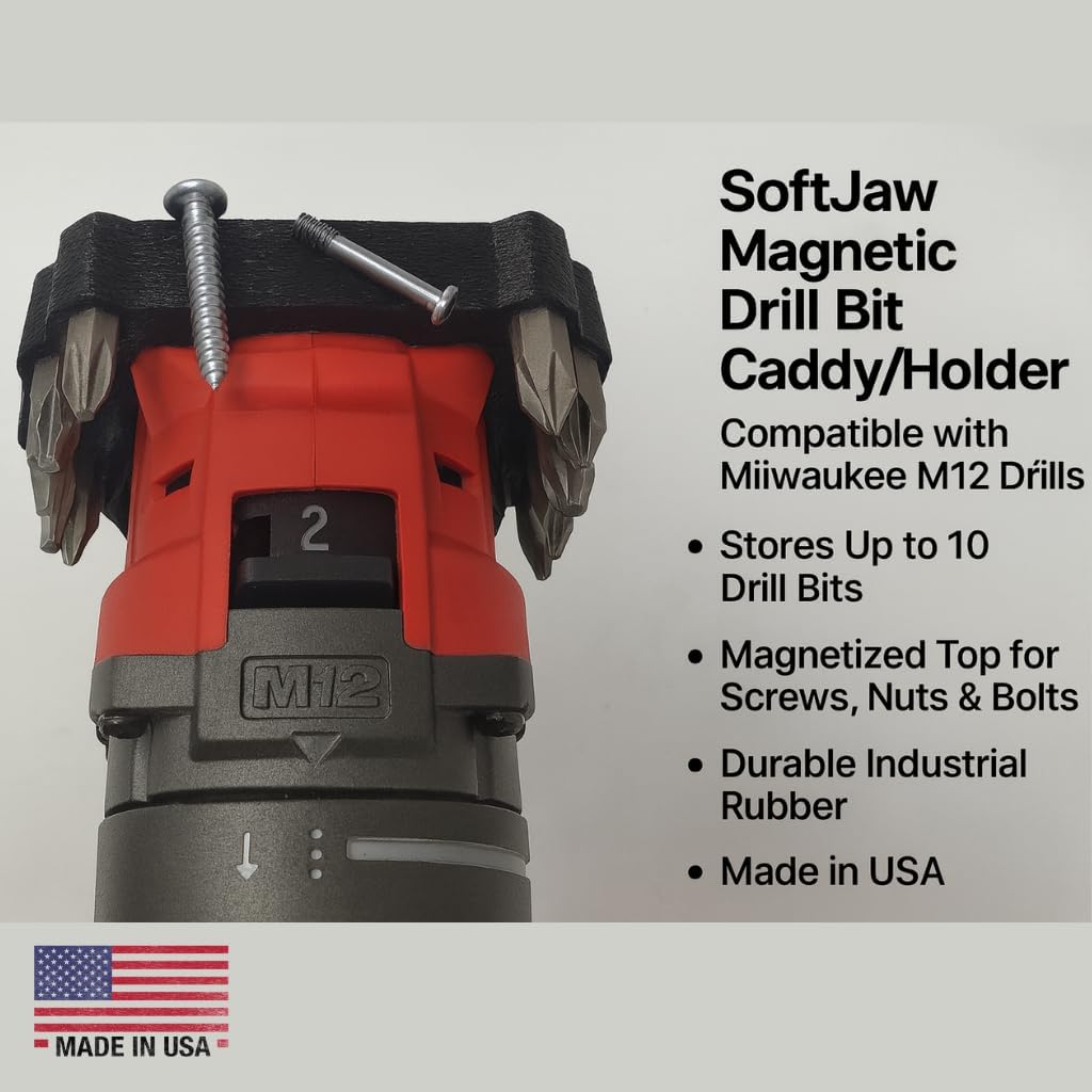 SoftJaw Magnetic Drill Bit Caddy/Holder Compatible with Milwaukee M12 Drills | Stores Up to 10 Drill Bits | Magnetized Top for Screws, Nuts & Bolts | Durable Industrial Rubber | Made in USA (Black)