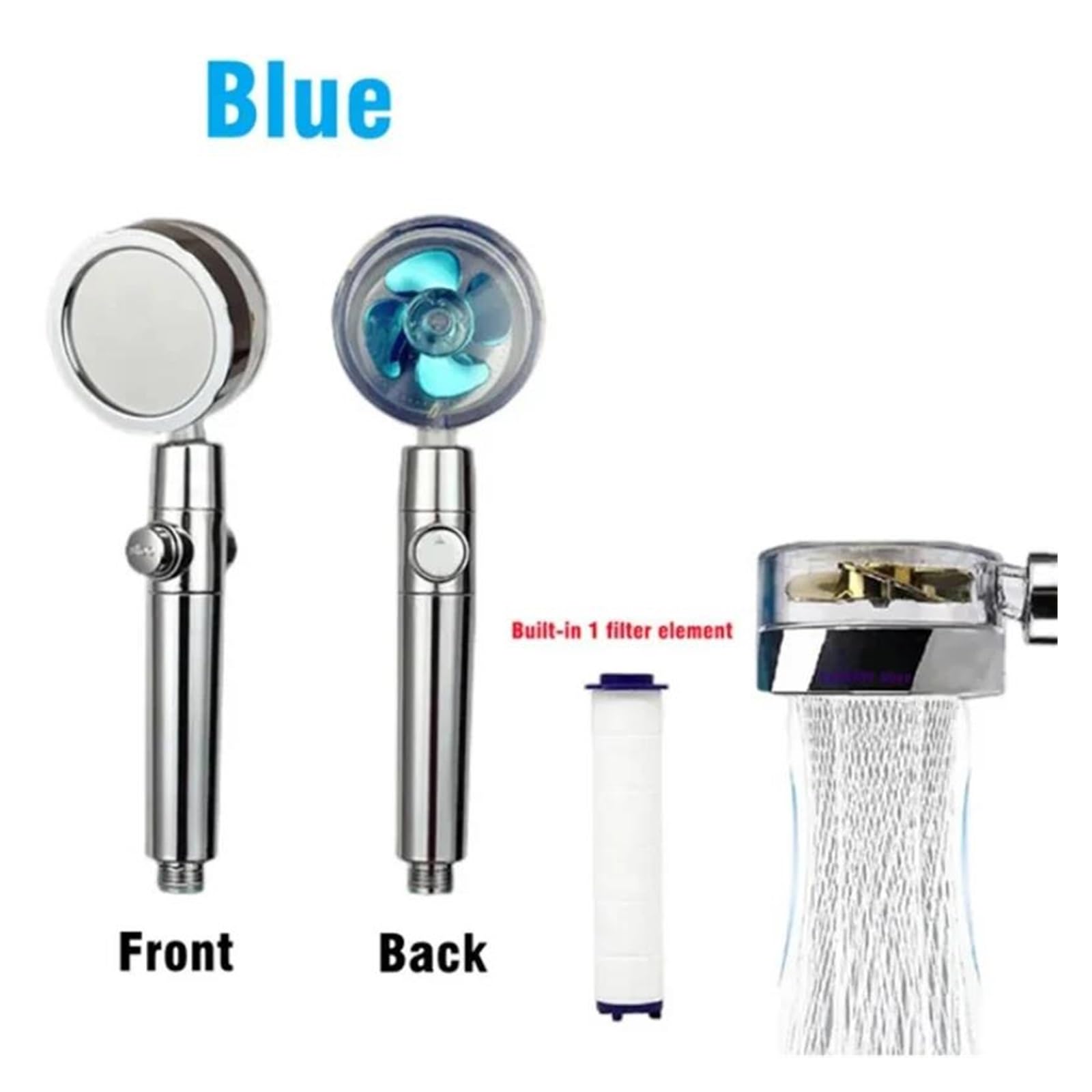 Soffione doccia con ventola turbo rotante a 360 gradi, filtro regolabile, spruzzo ad alta pressione a risparmio idrico(Blue)