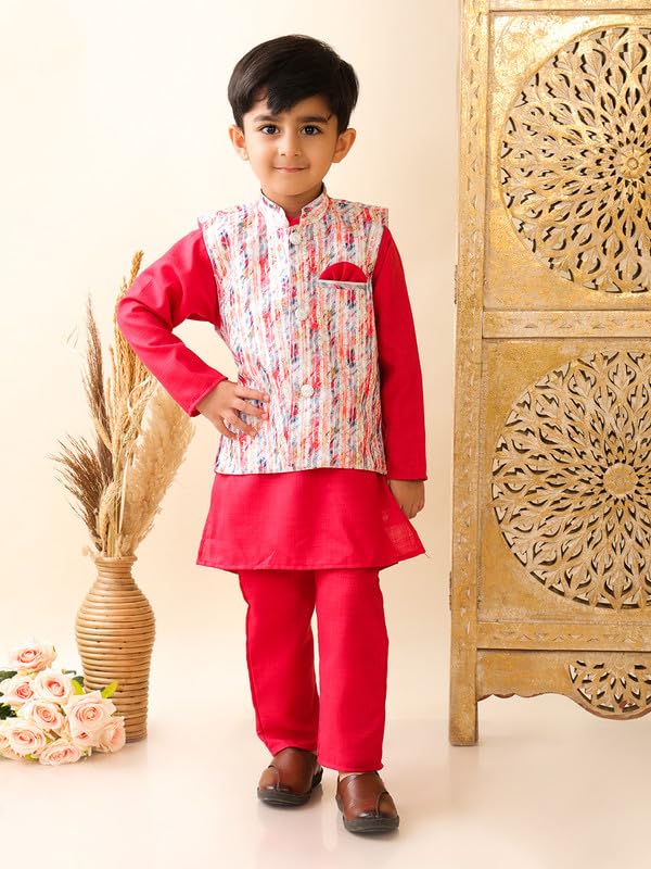 Image of superminis Boys Cotton Printed Full Sleeves Kurta Pyjama with Jacket Ethnic Wear Set