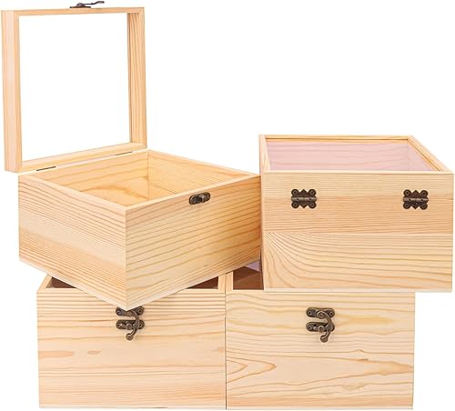4 cajas de madera sin terminar con ventana, caja de madera para manualidades y almacenamiento con tapa superior de plástico, para recuerdos de