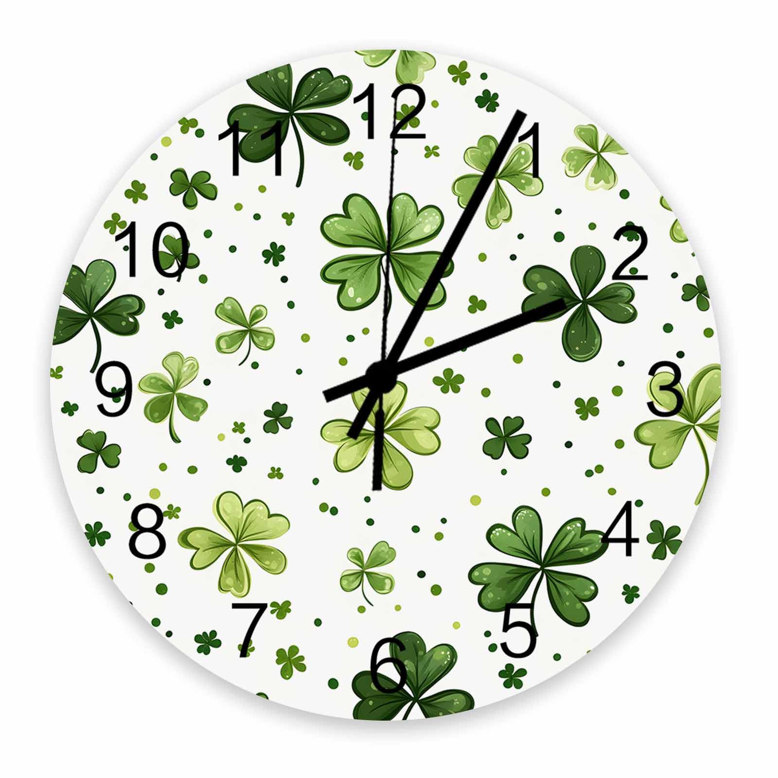 Green Shamrocks Wooden Board Wall Clock 10 Inch St. Patrick's Day Silent Non Ticking Round Wall Clocks, Spring Rustic Wall Clock, Battery Operated Clock Decorative for Living Room/Kitchen/Office