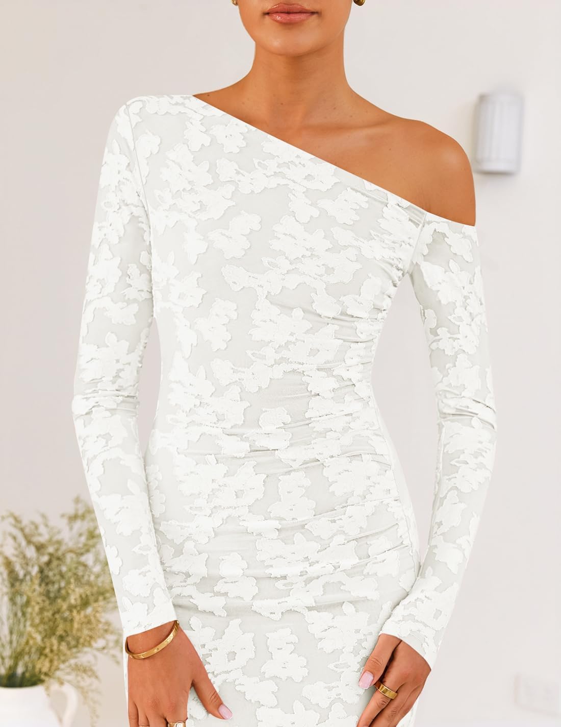 ZESICA Women's Spring Floral Off Shoulder Bodycon Maxi Dresses 2026 Long Sleeve Ruched Elegant Cocktail Party Dress - Image 5