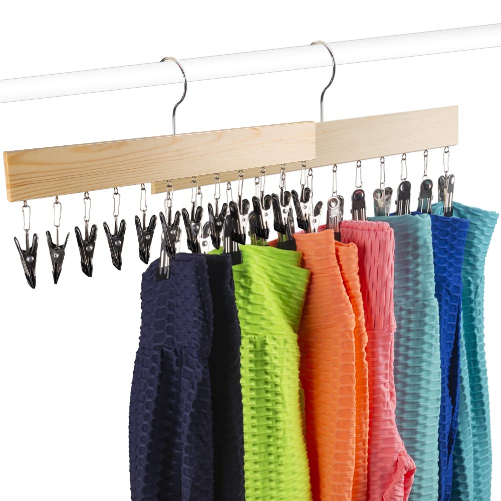 2 Pack Legging Organizer for Closet, Wooden Pants Hangers Space Saving with Clips Holds 24 Leggings/Pants/Jeans/Yoga Pants, Hanging Closet Organizer with Rubber Coated, 360°Rotatable Hook, Natural