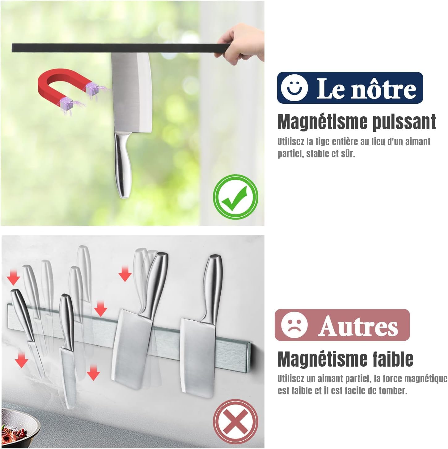 Porte Couteaux Aimanté Dmore avec 3 crochets, Range outeaux noire de 40 cm sans perçage, Extra-Fort aimant couteau, installation facultative avec bande adhésive ou vis pour une cuisine bien rangée