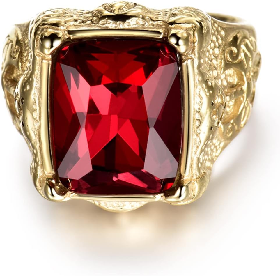 MASOP Luxury Gold Tone Engraved Mens Stainless Steel Rings with Red Ruby Garnet Color Stone Size 8-12 - Image 2