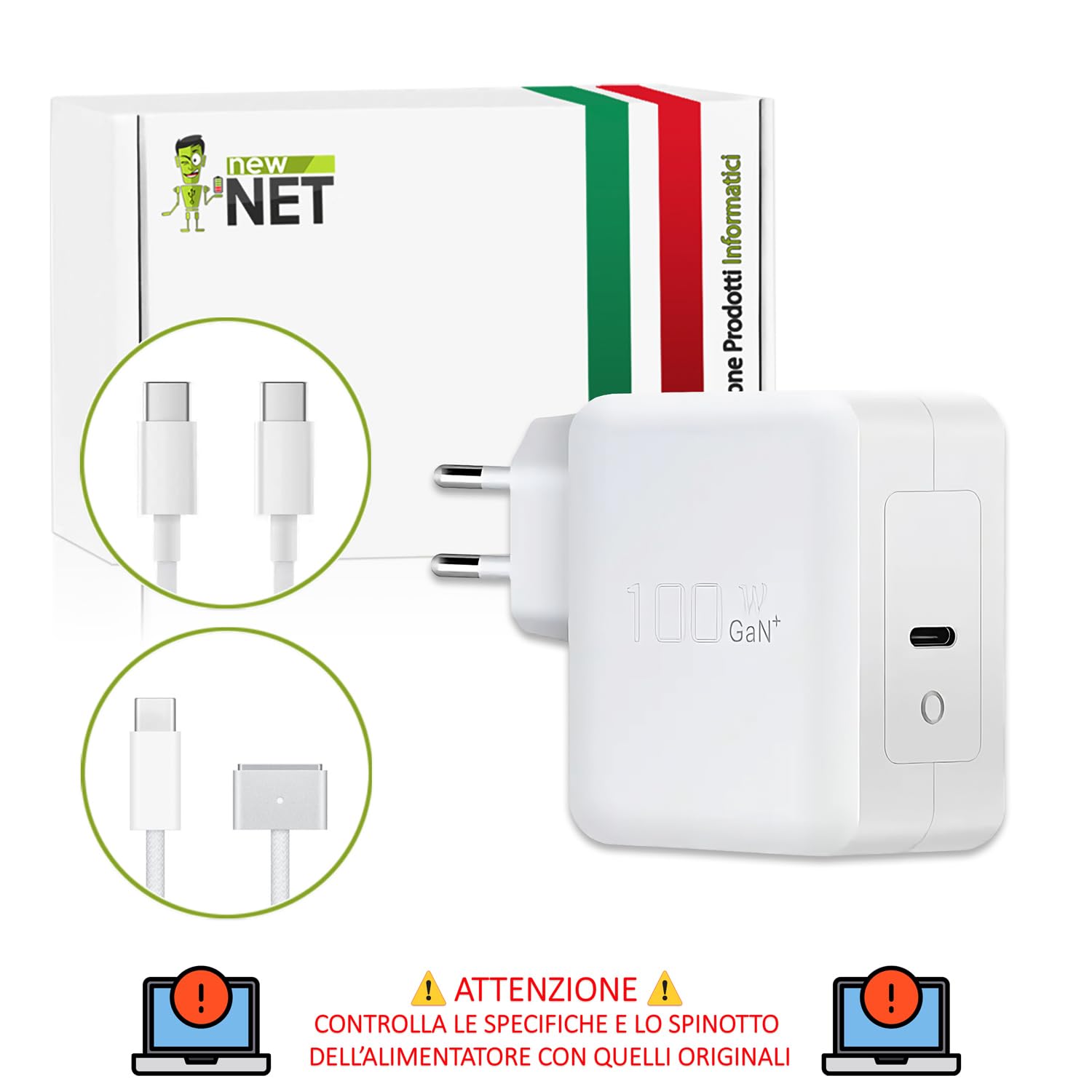New Net - Alimentatore Caricatore Caricabatteria compatibile con Notebook Mac Book Pro 16 2023, Mac Book Pro 16 2021 [ 20V 5A 100W - Type-C/MagSafe 3]