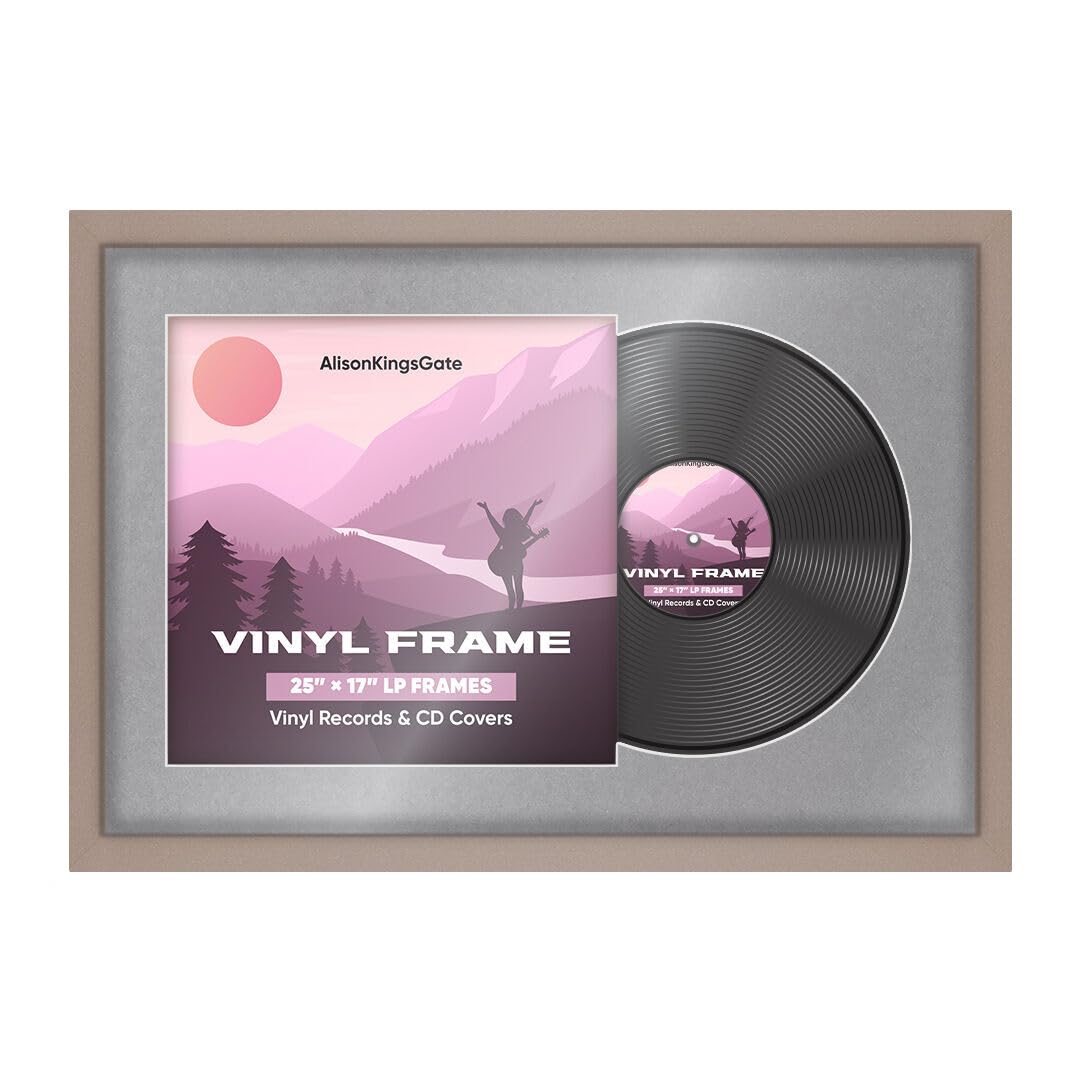 Alison Kingsgate 25×17" Vinyl Record Frame for 12 Inch LP Cover & Disc - Premium Overlapped Display Photo Frames - Engineered Wood with Perspex Front - Rose Gold with Mid Grey Mount for Music Lovers