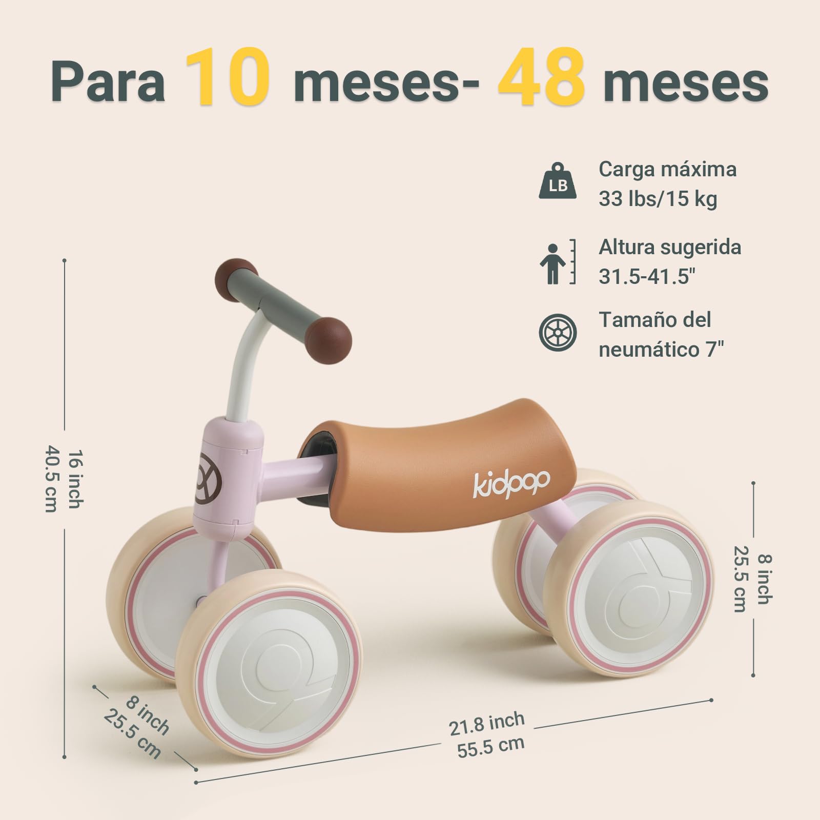 kidpop Big Bee Bicicleta sin Pedales, Bicicleta de Equilibrio, Juguete Bebés de 1 a 2 años, 4 Ruedas de EVA Balance Bike, Asiento Desmontable