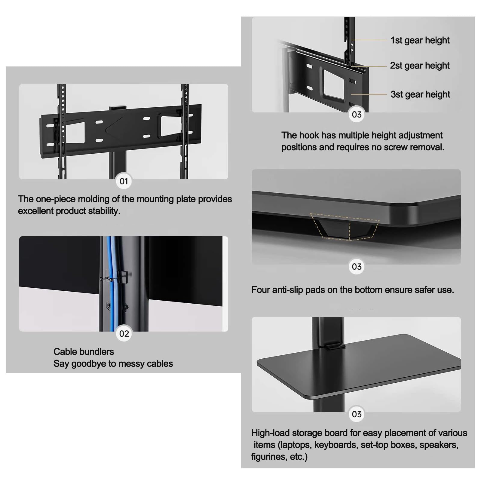 Soporte de Suelo portátil para TV - Soporte Universal con estantes para televisores LCD y LED de 32 a 70 Pulgadas. Altura Ajustable y gestión de Cables. Admite rotac, B-32-70in TV