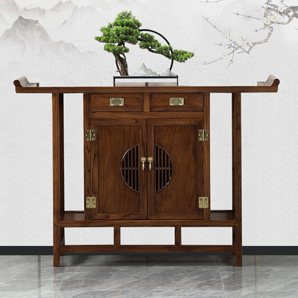 Tavola d'altare cinese Nuova consolle in legno di olmo in stile cinese | Mobile da ingresso Zen con contenitore