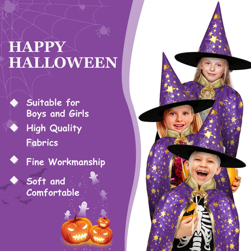 Kinder Halloween Kostüm, Zauberer Kostüm Kinder, Wizard Cape Witch Umhang mit Hut, Kinderkostüm Hexenhut Faschingskostüm für Karneval Fasching Cosplay Junge Mädchen