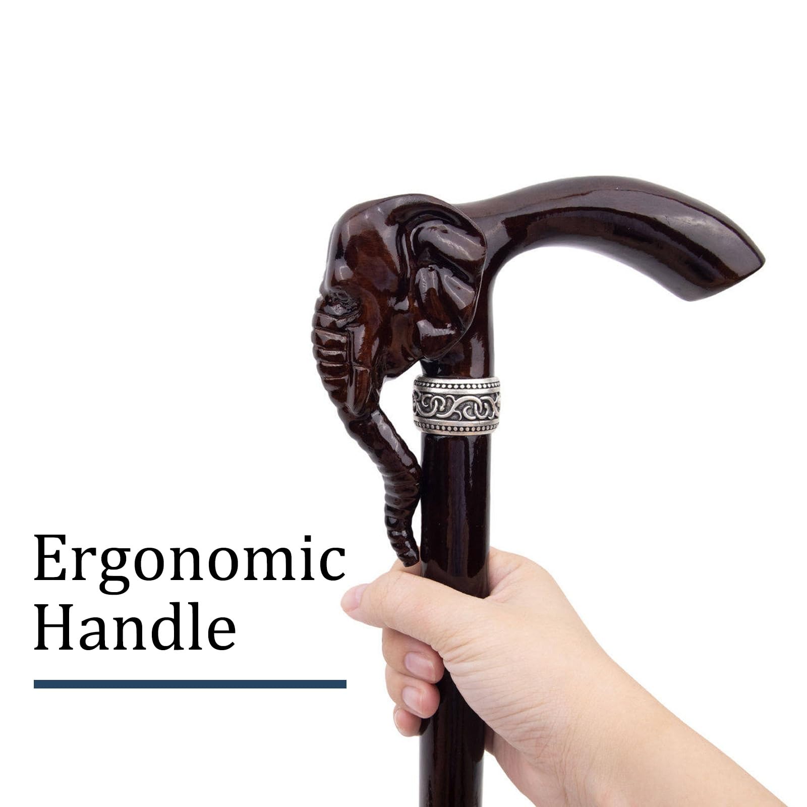 Bastón de Madera con Elefante para El Festival de Los Dos, con Correa y 4 Puntas Antideslizantes Extraíbles, Bastón de Lujo para Hombre y Mujer 90 Cm