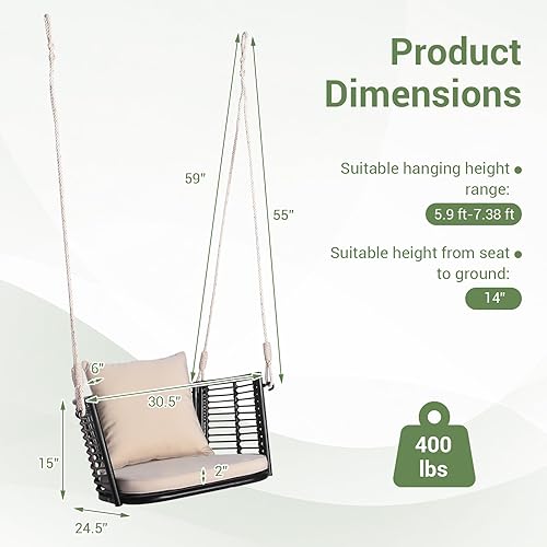 Miniatura 3 de RELAX4LIFE Columpio individual para porche al aire libre  Columpio colgante con cojines, respaldo de ratán, marco de metal, 2 cuerdas, carga máxima