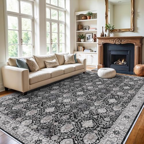 Vintage 10x14 Washable Area Rug: Large Living Room Rugs Indoor Soft Stain Resistant Carpet with Non-Slip Backing for Bedroom Dining Room Farmhouse Low Pile Floor Mat for King Size Bed (10x14 Black)