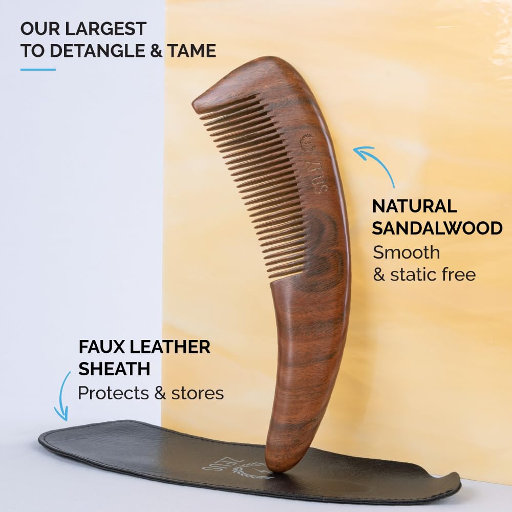 ZEUS Peine de barba de sándalo grande Boomerang en vaina de cuero, peine de pelo de madera orgánica natural - M31