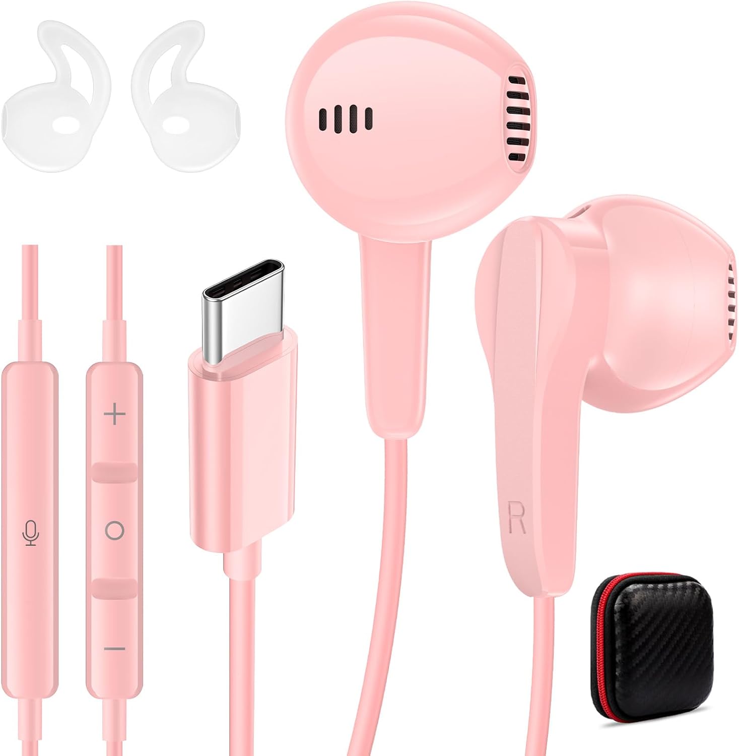iMangoo USB C Headphones Wired Earbuds Digital Sound Earphones w/DAC Chip Clear Call Microphone for Apple iPhone 17 Air 16 15 Pro Max, Type C Ear Buds USBC Headset for Samsung Galaxy S25 Android Pink