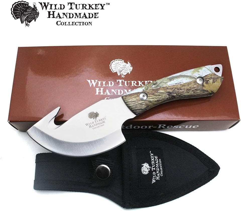Wild Turkey Handmade Collection Full Tang Fixed Blade Gut Hook Skinner Knife w/Leather Sheath. (White)