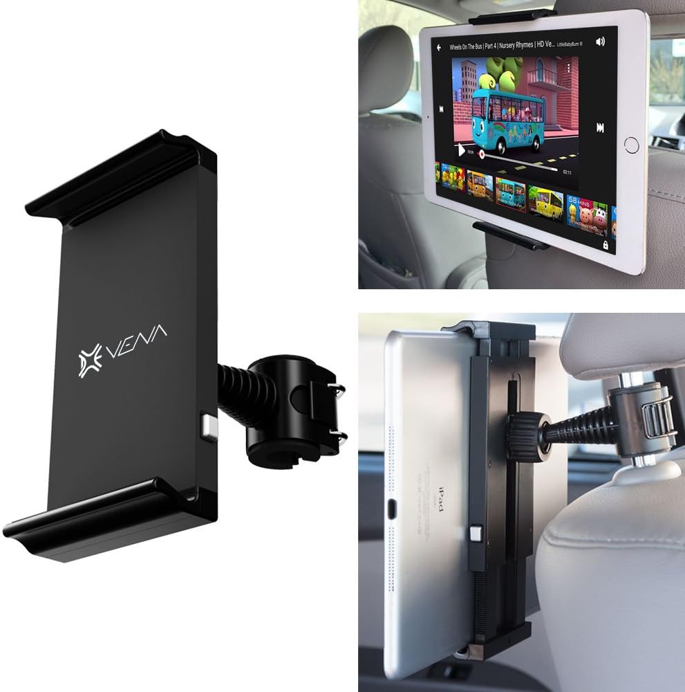Car Headrest Mount Holder, Vena HEADTAB [One Hand] Back Seat Car Mount for Apple iPad Air Mini, Chromo Android, Dragon Touch, Samsung Galaxy Tab A E, Leapfrog Epic/LeapPad, Nabi JR (5"-11" Tablets)