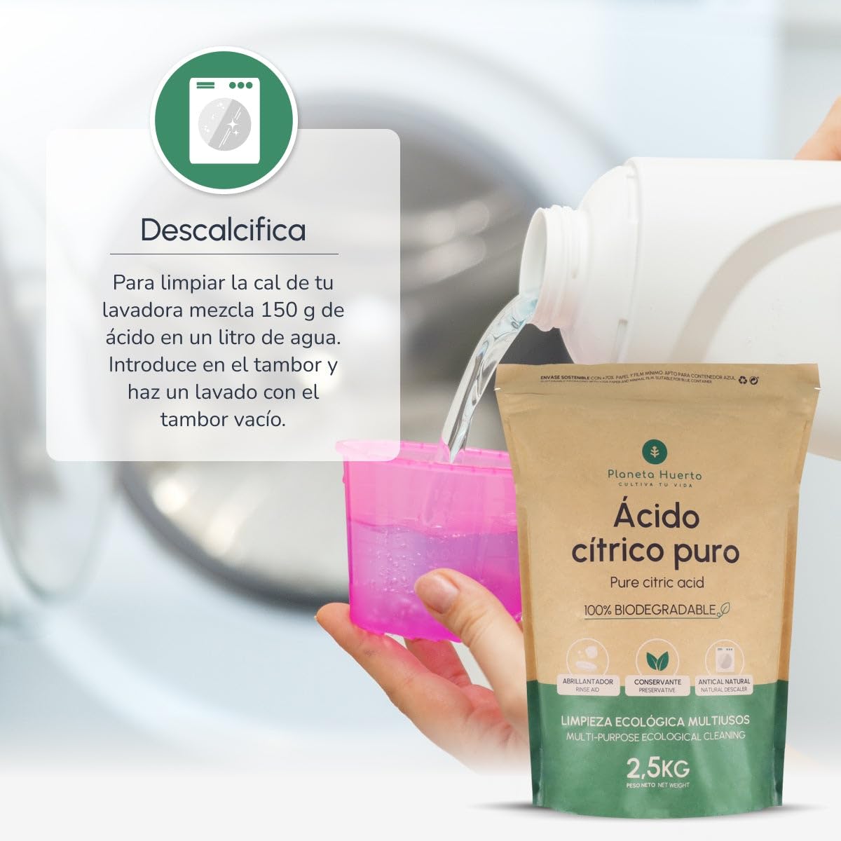 PLANETA HUERTO | Pack 6 Ácido Cítrico 2,5 Kg Anhidro Ecológico y Biodegradable - Acído Cítrico Desincrustante Natural Lavadora, Abrillantador Lavavajillas y Suavizante Ropa, Ideal Detergentes Casero