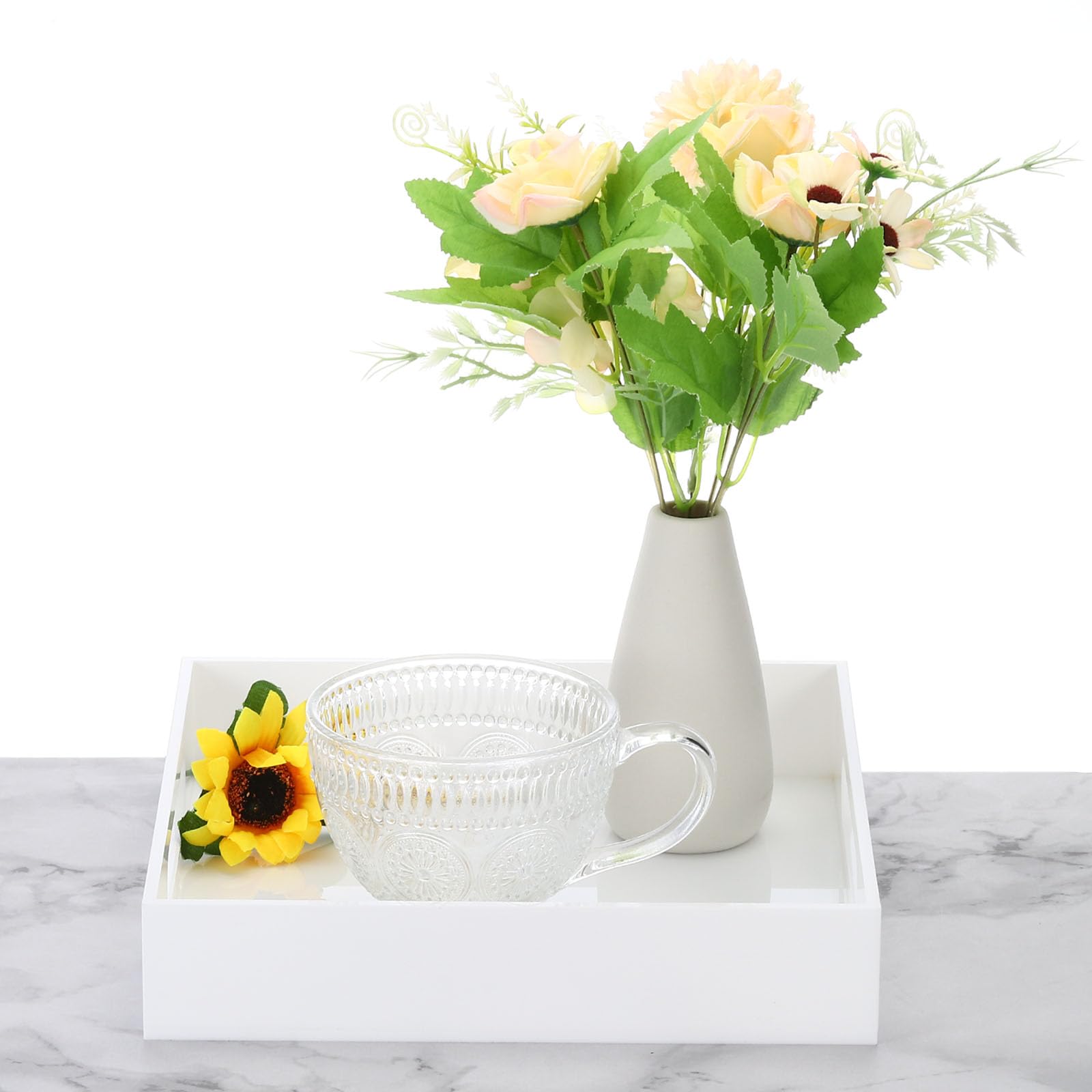 PATIKIL Vassoio in Acrilico Bianco Grande Moderno 10 x 10 per Servire Decorare, Altezza Quadrata Lucida del Vassoio in Acrilico di 2/5cm con Maniglia per Caffè Profumo