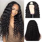 U Part Wigs Human Hair Wigs for Black Women Deep Wave Human Hair 250% Density Brazilian Hair Full Head Clip in Half Wig V Part Glueless Wigs Human Hair Pre Plucked U Shape Wigs Natural Color (24 inch)