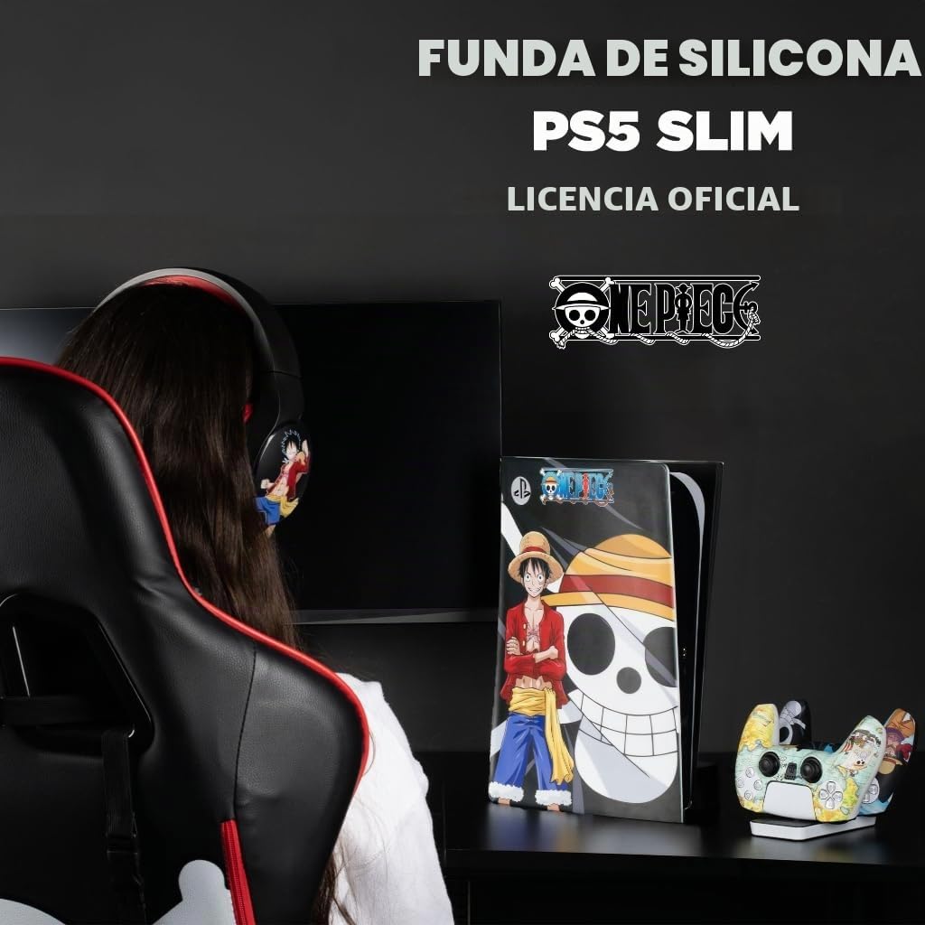 Konix One Piece - Funda Protectora para Consola PS5 Slim, Silicona, antigolpes, Resistente a los arañazos, diseño de Luffy, Color Negro