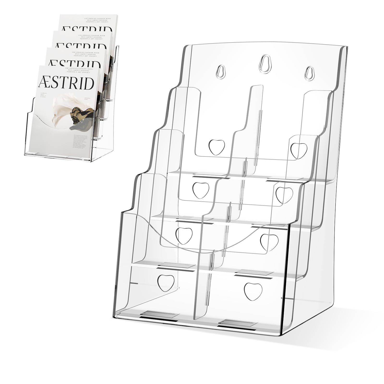 Acrylic Brochure Holder 8.5 x 11 inch, 4 Tier Magazine Stand Clear Literature Organizer Pamphlet Holder with Removable Divider for 4 x 9 inch Brochures for Wall Mount or Desktop