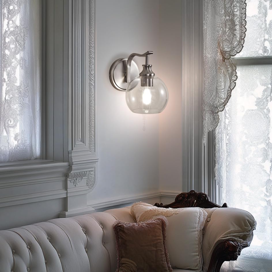 andy star brushed nickel bathroom light fixtures, 1-light vanity lights, modern bathroom wall sconces lighting with globe clear glass shade up or down wall mounted for kitchen, living room, hallway